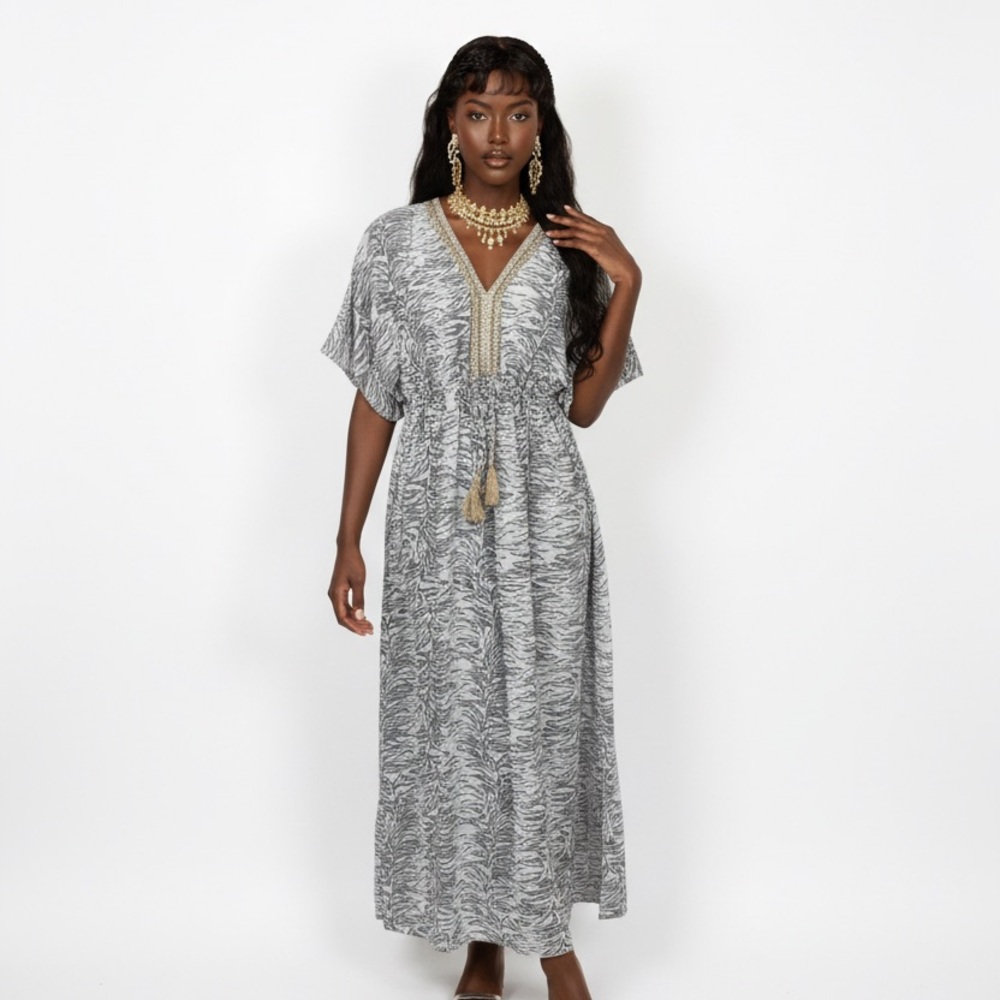 Bellambra Boho V Neck Embroidered Trim Size M Maxi Dress with Gold Rope Accents